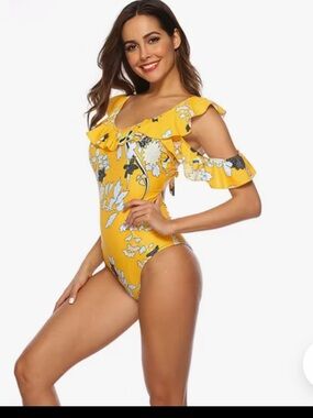 Yellow Floral Ruffle One-Piece Swimsuit